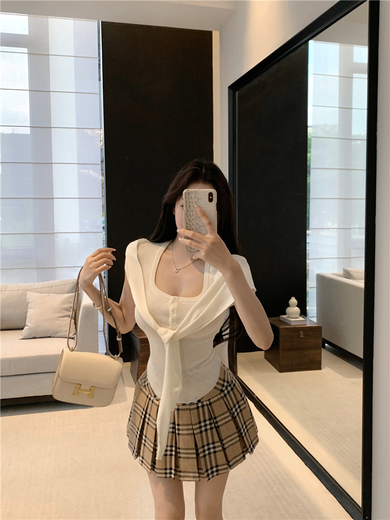 실사 달콤한 차가운 핫걸 캐주얼 학원 스타일 달콤함 통근 벨트 숄 니트 맨위 체크무늬 반 스커트 세트