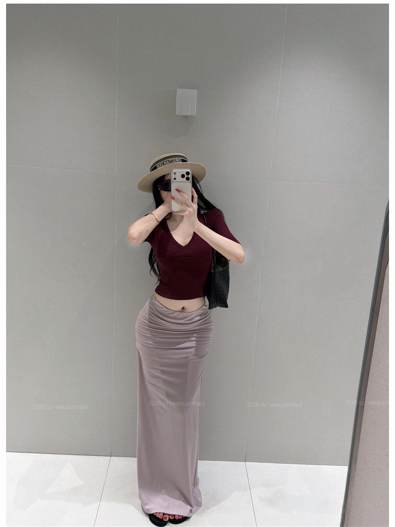 실사 프랑스식 순수한 욕망 세트 자매 센스 V넥 반팔 롱 스커트 몸매 가꾸기 슬림해 보이는 세트