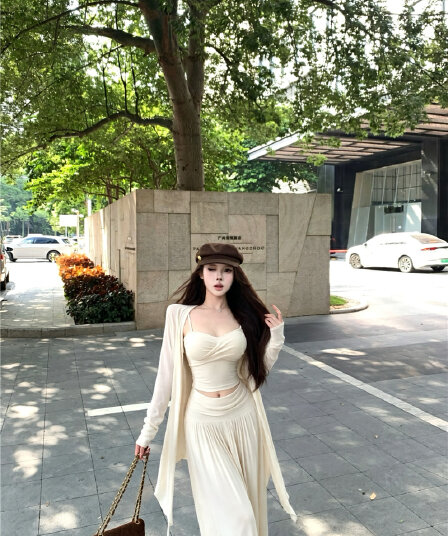 실사 이른 가을 라이 경기 서울 비틀림 슬립 힙 칼라 오픈 가디건 패치워크 반신 스커트 3종 세트