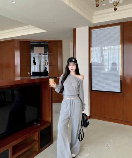 실사 이른 가을 후아 남편 그리드 비스듬한 어깨 긴팔 후드티 여성 스트레이트 루즈핏 캐주얼 바지 세트 가을