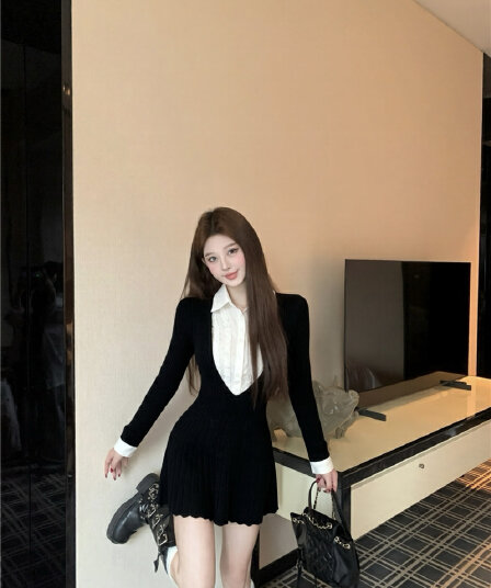 실사 가을 겨울 순수한 욕망 페이크 레이어드 셔츠 패치워크 인사이드 가져 가라. 니트 미니 스커트