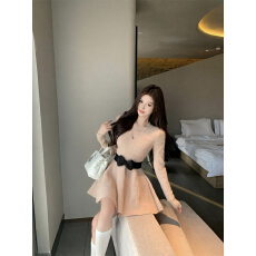 批发实拍 秋季 法式名媛V领蝴蝶结针织<b class='q'>连衣裙</b>女收腰显瘦打底蓬蓬短裙