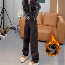 批发大码弯刀牛仔裤女秋冬季2025新款加绒阔腿裤<b class='q'>胖</b><b class='q'>mm</b><b class='q'>显瘦</b>咖色直筒裤子