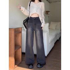 批发复古黑灰色阔腿牛仔裤女春<b class='q'>秋</b>季大码胖mm韩版高腰宽松直筒拖地裤