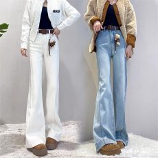 批发大码复古加绒加厚牛仔裤女<b class='q'>冬</b>季高级感高腰微喇裤胖MM遮肉显瘦裤子