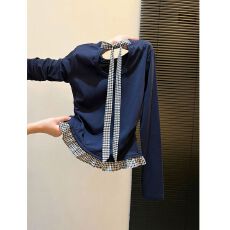 批发花边拼接<b class='q'>假两件</b>长袖<b class='q'>上衣</b>秋冬收腰显瘦T恤镂空绑带女