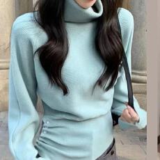 批发高领侧边抽褶设计感针织衫女秋冬内搭收腰显瘦<b class='q'>气质</b>上衣冬