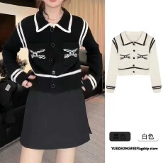 批发小香风撞色翻领黑色毛衣开<b class='q'>衫</b>女款2025新款秋冬季修身短款针织外套