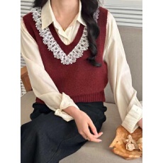批发<b class='q'>新款</b>蕾丝V领宽松针织马甲2025秋冬短款女装韩系无袖毛衣纯色背心