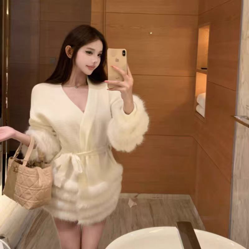 MY15259# 新款时尚慵懒迷人温柔气质毛毛拼接V领系带针织开衫上衣秋冬外套女裝貨源服裝批發