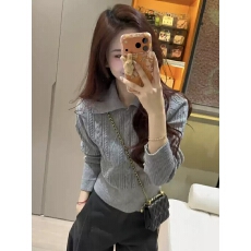 批发法式polo翻领套头麻花打底毛衣女秋冬季慵懒风收腰内搭针织衫<b class='q'>上衣</b>