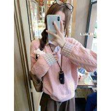 批发曾小咸 韩系麻花粉色<b class='q'>假两件</b>毛衣女秋冬<b class='q'>衬衫</b>拼接内搭针织衫上衣