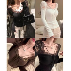 批发初秋新款纯欲风蕾丝花边拼接长袖<b class='q'>T</b><b class='q'>恤</b>显瘦修身女一体式带胸垫