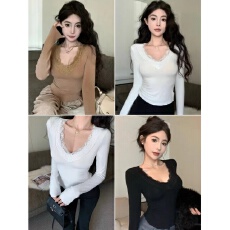 秋季新款纯欲磨毛蕾丝V领长袖T恤女修身显瘦固定带胸垫上衣