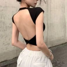 批发夏欧美性感辣妹风后背交叉短款露背短袖<b class='q'>T</b><b class='q'>恤</b>圆领正肩上衣