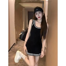 批发吊带裙修身显瘦黑色白边针织无袖<b class='q'>连衣裙</b>网球裙