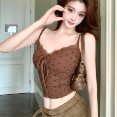 批发带胸垫纯欲性感圆点花边V领吊带背心女夏季<b class='q'>时尚</b>外穿修身显瘦背心