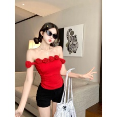批发立体红色<b class='q'>花朵</b>抹胸绝美一字肩上衣女修身显瘦辣妹纯欲风背心