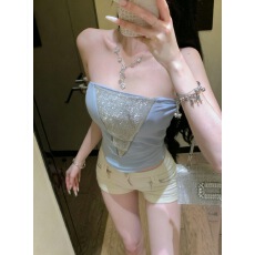 批发夏季新款纯欲风流苏拼接钻链背心修身一体式带胸垫<b class='q'>百搭</b>上衣