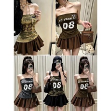 批发美式辣妹迷彩字母印花抹胸背心<b class='q'>夏</b>季带胸垫侧开叉豹纹外穿裹胸上衣
