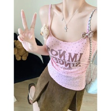 批发带胸垫 减龄毛绒小熊波点印花<b class='q'>吊带</b><b class='q'>背心</b>纯欲修身显瘦打底上衣