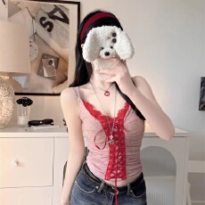 批发辣妹波点蝴蝶结蕾丝边<b class='q'>V领</b>吊带背心女夏季外穿带胸垫抹胸短款上衣