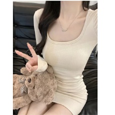 批发磨毛-辣妹粉色长袖女秋冬纯欲紧身带胸垫性感内搭包臀裙
