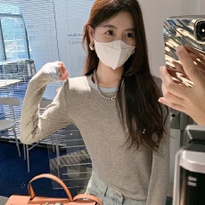 批发磨毛-新款秋冬季磨毛绒甜美撞色拼接自带胸垫打底衫长袖T恤