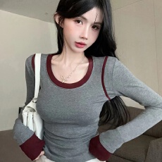 批发磨毛-假两件长袖圆领t恤上衣打底衫微胖辣妹修身显瘦内搭