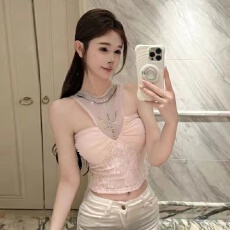 批发纯欲性感挂脖烫钻拼网纱抹胸韩系温柔风高腰露脐修身显瘦鱼骨背心