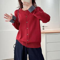 批发秋季设计感格子袖拼时尚接<b class='q'>圆领</b>长袖百搭女上衣<b class='q'>开衫</b>外搭