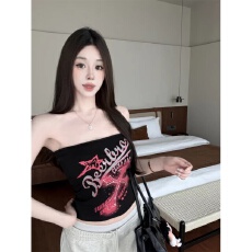 批发美式海岛辣妹风抹胸字母印花背心带胸垫修身显瘦性感美背