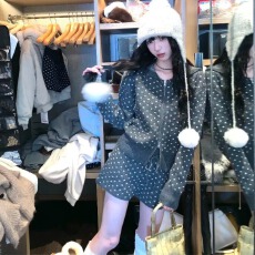 批发蓝色miu系套装长袖连帽拉链毛衣外套女装<b class='q'>夏</b>季抽绳针织短裤两件套
