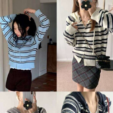 批发韩版双拉链条纹连帽针织<b class='q'>开衫</b><b class='q'>女</b>秋季新款百搭设计感<b class='q'>毛衣</b>外套