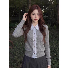 批发高级感蕾丝拼接条纹Polo领针织衫<b class='q'>女</b>秋季新款高智修身<b class='q'>开衫</b><b class='q'>毛衣</b>外套