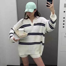 批发韩系复古条纹加厚毛衣外搭上衣女秋冬新款宽松针织衫+<b class='q'>短裤</b>两件套