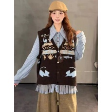 批发费尔岛风提花针织马甲套装女秋季新款V领叠穿背心显瘦减龄