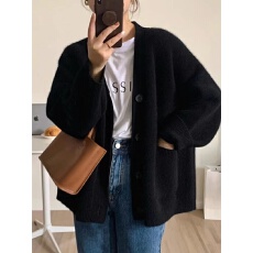 批发法式复古气质v领毛衣外套女春秋开衫中长款宽松慵懒风上衣