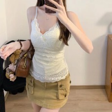 批发法式甜野小白花<b class='q'>吊带</b>一体固定杯美背蕾丝磨毛内搭修身显瘦加长版