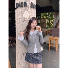 批发韩系条纹<b class='q'>衬衫</b>领磨绒长袖女灰色假两件纽扣外套春秋