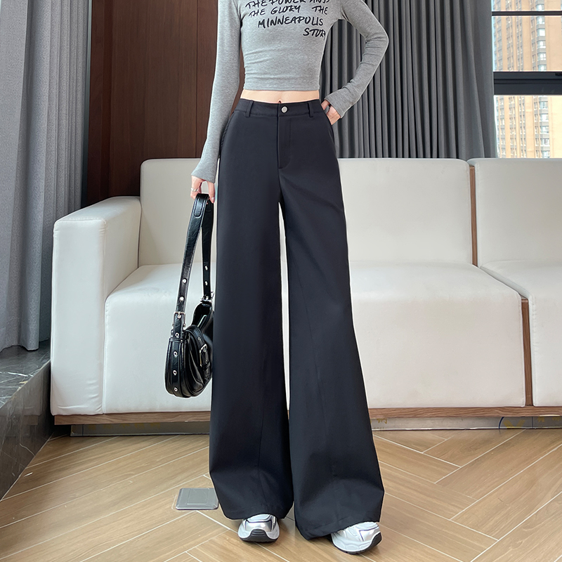 실사 배 종류 몸 검정색 넓은 다리 정장 바지 여성 2025 여름 새로운 루즈핏 슬림해 보이는 고급 센스 캐주얼 바지