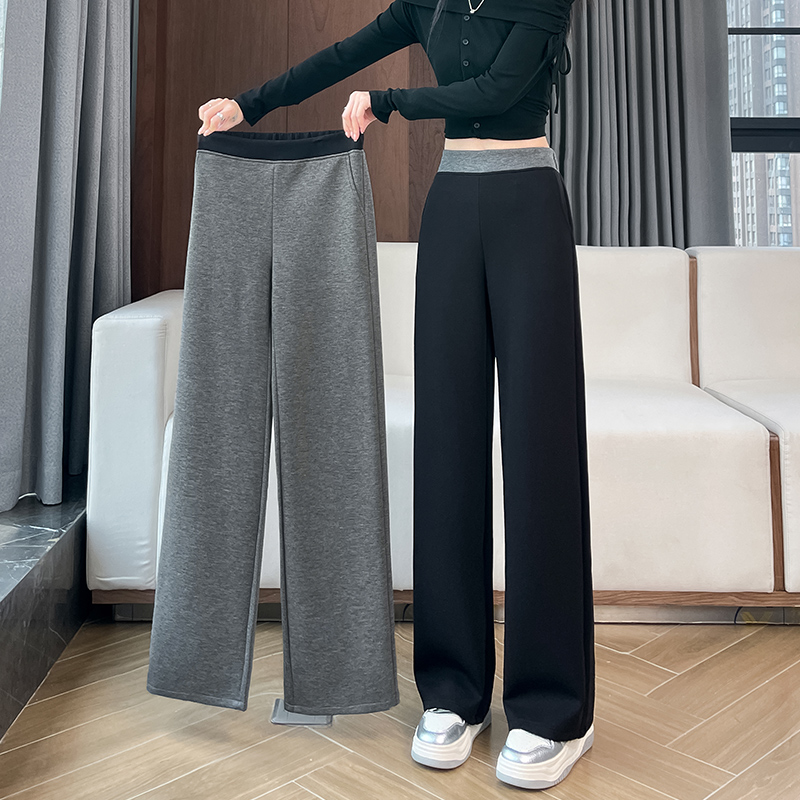 실사 2025 가을 겨울 털이 있는 공기 알몸의 센스 패치워크 와이드 레깅스 바지 가을 다용도 루즈핏 스트레이트 팬츠 긴 바지