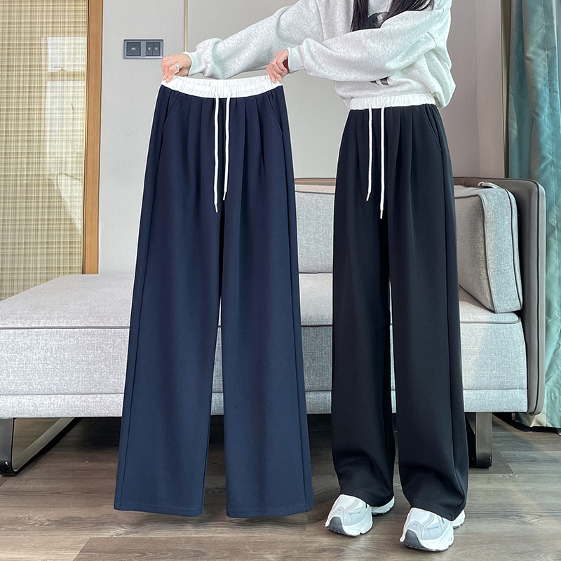 실사 해군 경 사진 모통이 칼 웨이 바지 여성 가을 루즈핏 넓은 다리 운동 바지 무거운 도루 센스 캐주얼 긴 바지