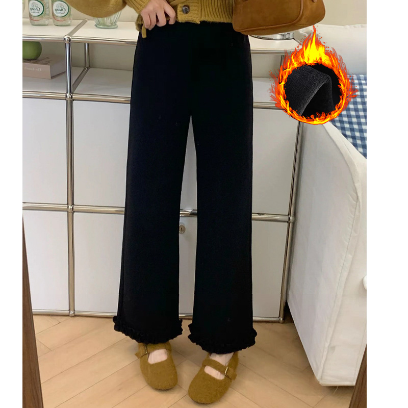검정색 프릴 캐주얼 바지 여성 가을 겨울 털이 있고 두꺼운 작은 키 와이드 레그 팬츠 하이웨이스트 루즈핏 벽오동 바지