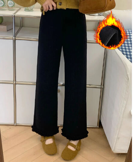 검정색 프릴 캐주얼 바지 여성 가을 겨울 털이 있고 두꺼운 작은 키 와이드 레그 팬츠 하이웨이스트 루즈핏 벽오동 바지