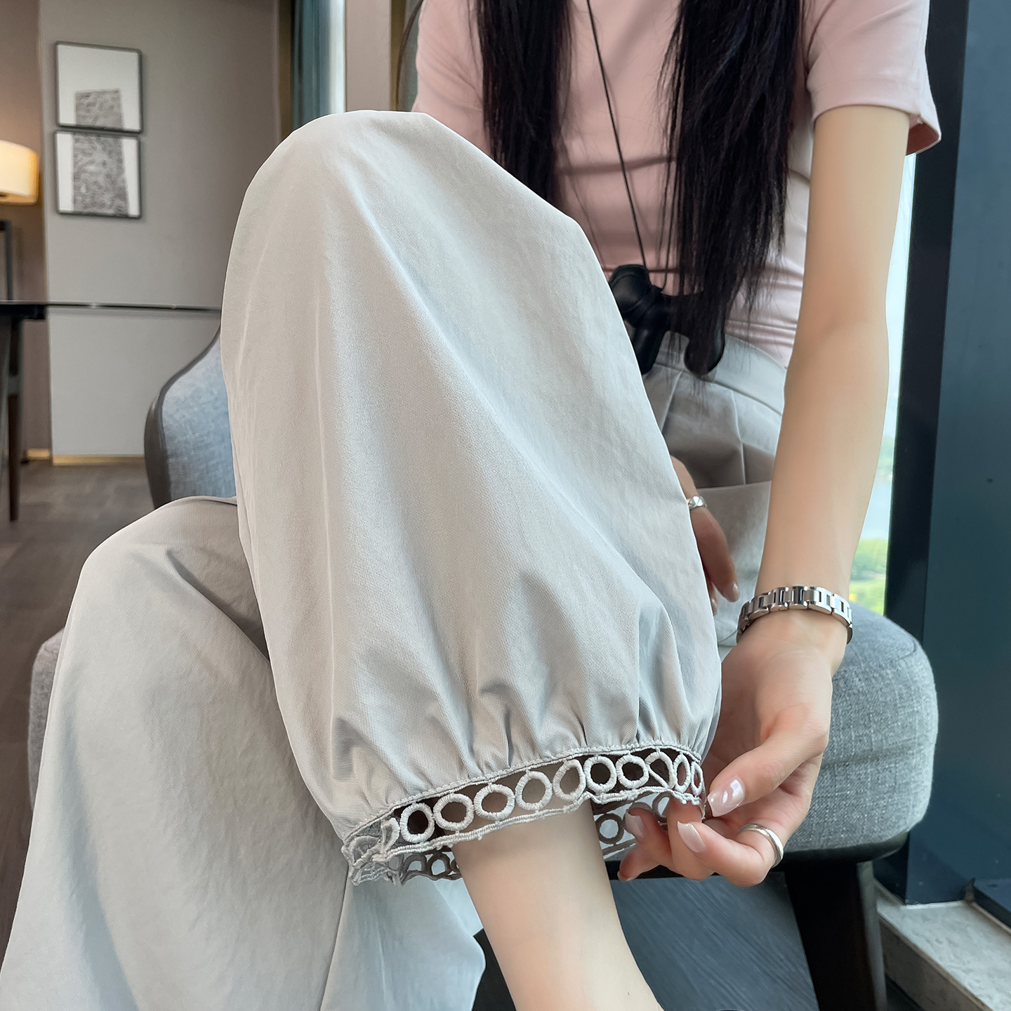 실사 얼음 실크 홀로우 아웃 레이스 와이드 레깅스 바지 여름 얇은 스타일 풍선 바지 하이웨이스트 캐주얼 9 포인트 배기 바지