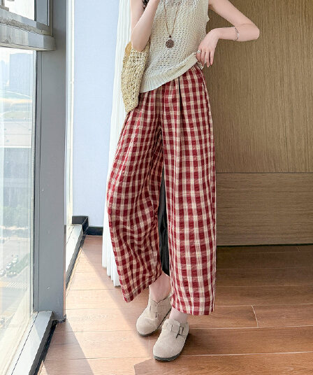 실사 2026 폭발 레트로 체크무늬 할란 와이드 레깅스 바지 여름 루즈핏 슬림해 보이는 하이웨이스트 빅 사이즈 캐주얼 바지
