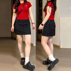 批发黑色波点<b class='q'>西装</b>短裙女夏季薄款大码胖mm遮肚显瘦梨型身材a字半身裙