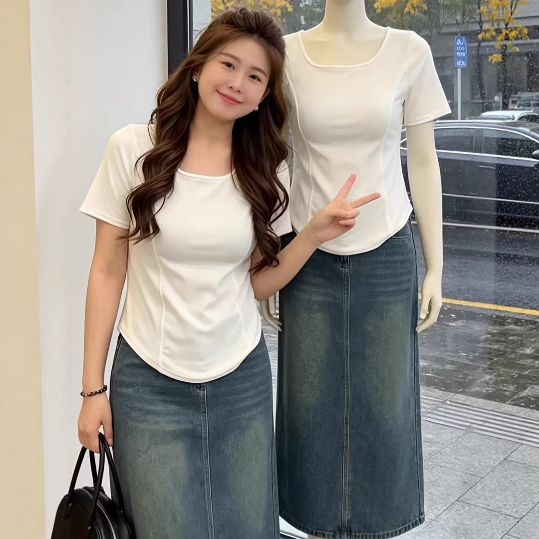 빅 사이즈 여성 의류 화이트 u 칼라 생선뼈 긍정적 인 어깨 반팔 티셔츠 여성 새로운 여름 지방 mm 몸매 가꾸기 슬림해 보이는 다용도 맨위