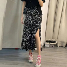 批发大码女装碎花半身裙春夏松紧高腰显瘦A字裙伞裙中长款雪纺开叉裙